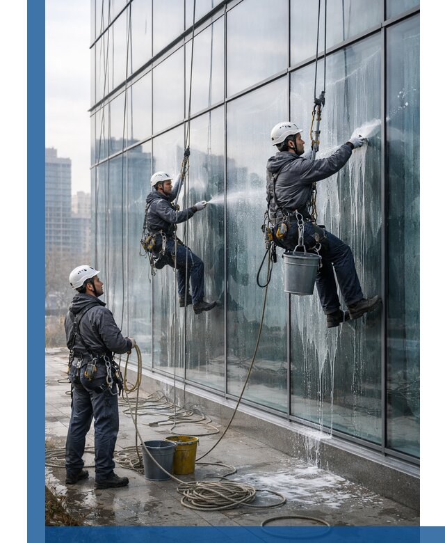 Промышленная мойка панорамных окон на высоте в Краснокамске