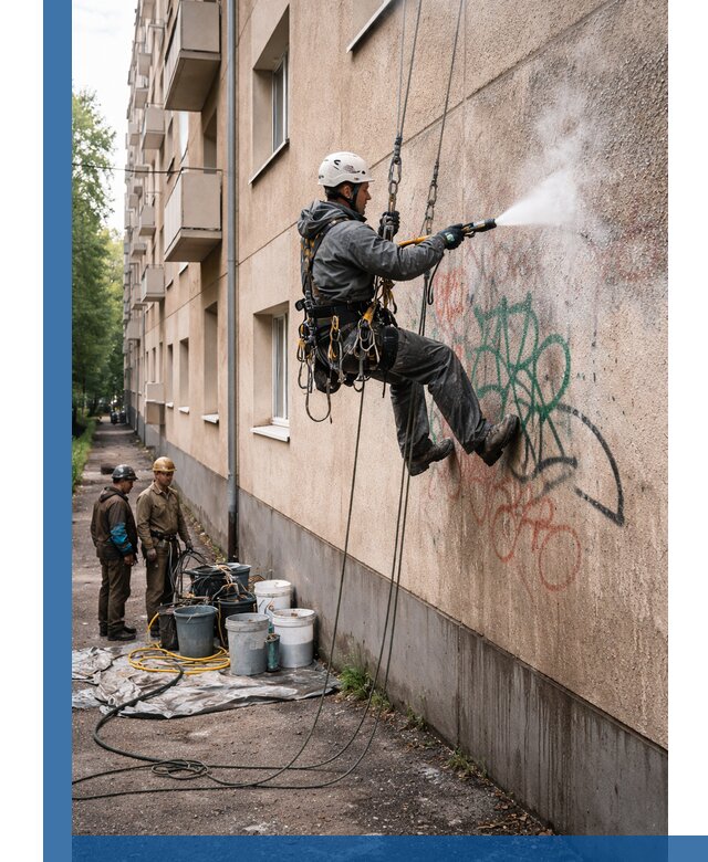 Удаление граффити с фасада в Краснокамске без следов и повреждений