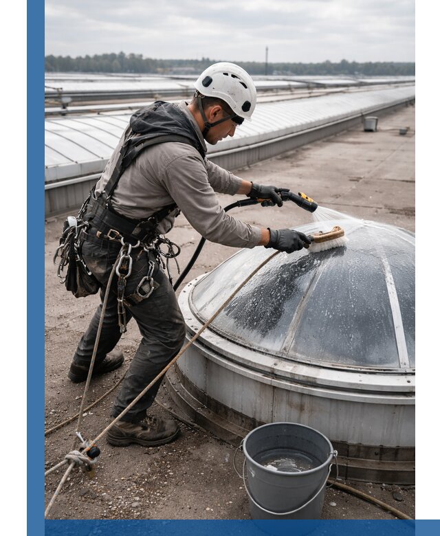 Мойка зенитных фонарей на кровле для промышленных объектов в Краснокамске