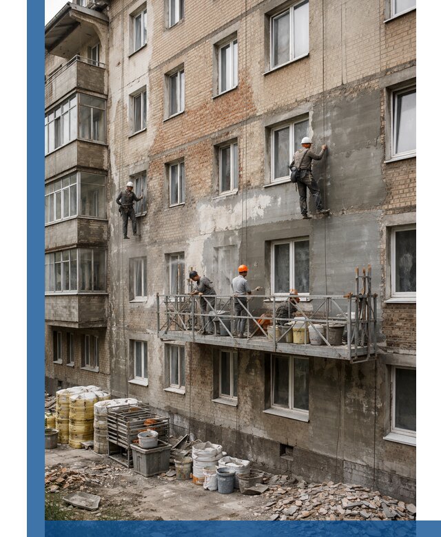 Капитальный ремонт фасада в Краснокамске с восстановлением и гидроизоляцией