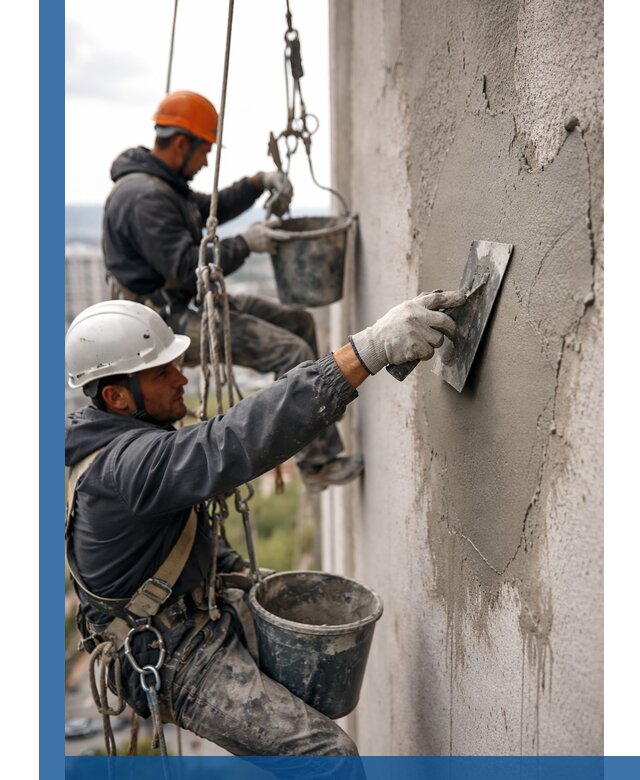 Штукатурка фасада на высоте в Краснокамске профессиональные работы