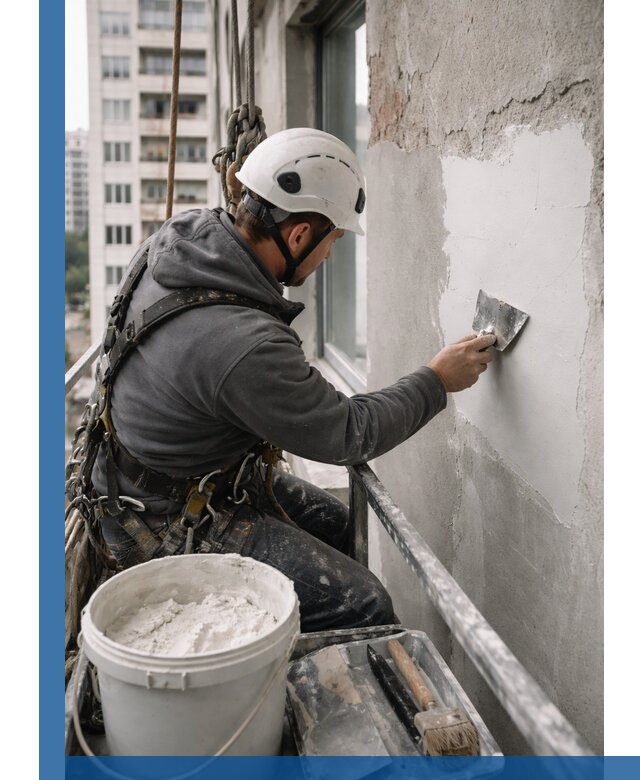 Шпаклевка фасадов на высоте с промальпинистами в Краснокамске