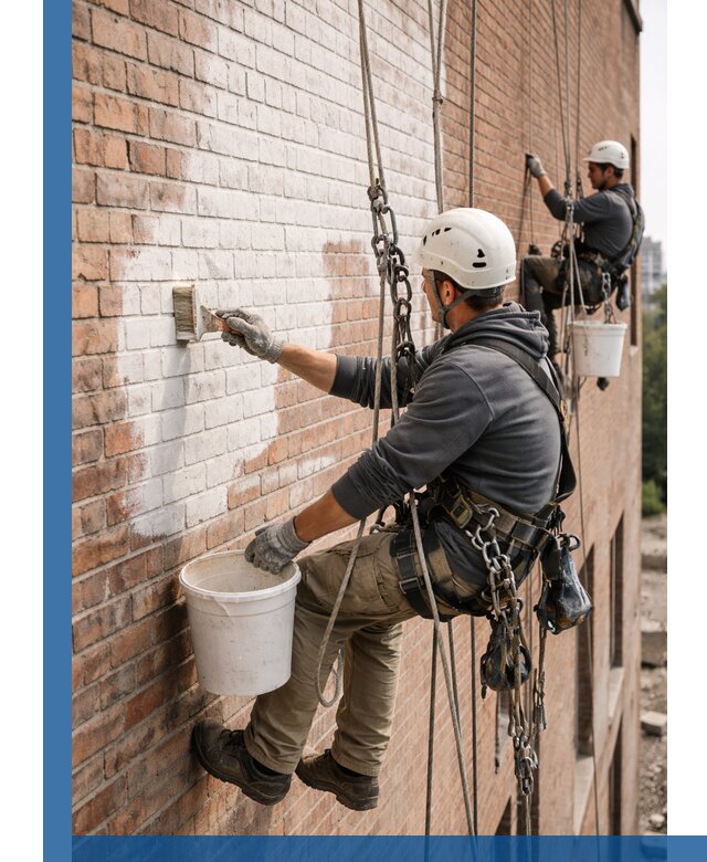 Покраска кирпичного фасада с доступным альпинистским сервисом в Краснокамске