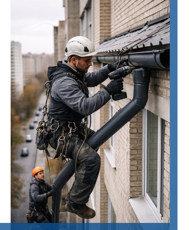 Монтаж водосточной системы на здании в Краснокамске от 5069 р. | ВЫСОТНИК-Кнм