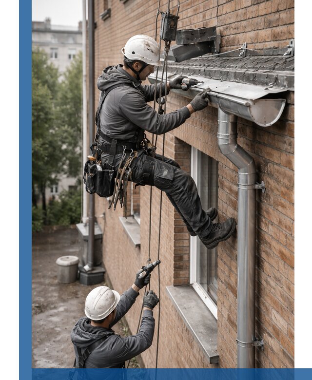 Монтаж водосточной системы на здании в Краснокамске под ключ