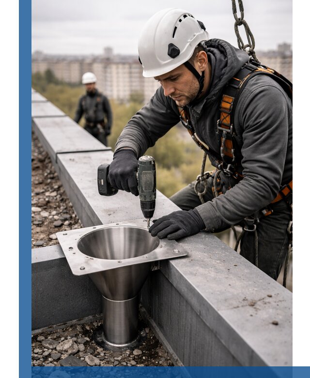 Монтаж водосточных воронок в Краснокамске для промышленных зданий