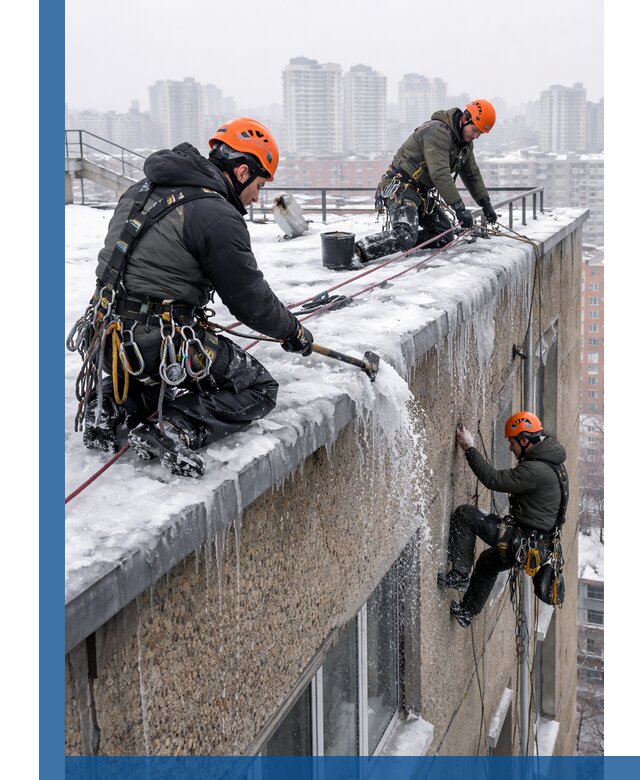 Удаление наледи с кровли в Краснокамске промышленными альпинистами
