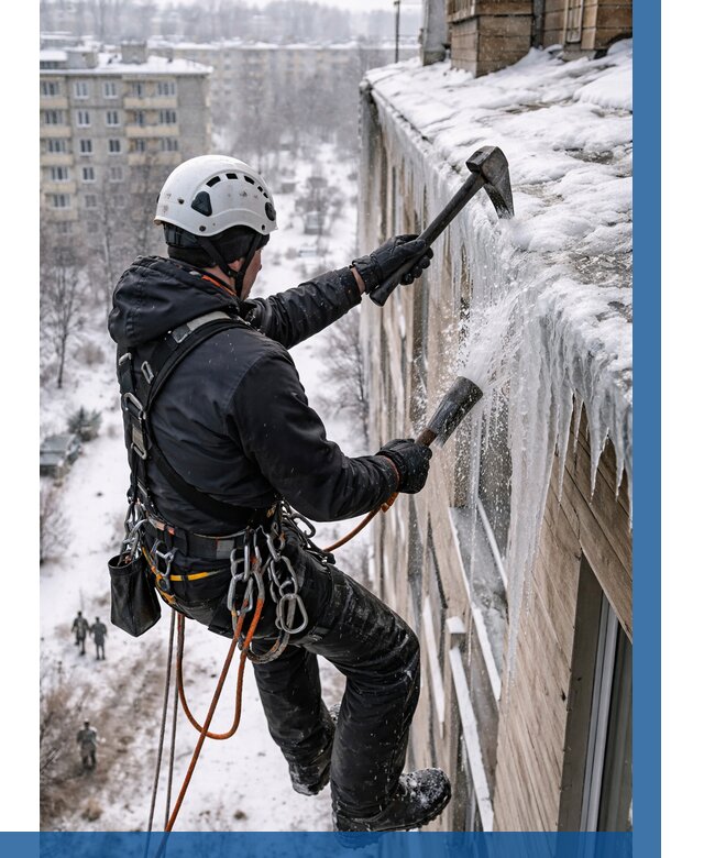 Сбивание сосулек с крыши в Краснокамске по цене от 4562 р. | ВЫСОТНИК-Кнм