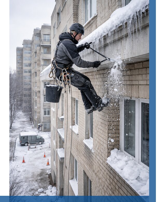 Удаление наледи с карнизов в Краснокамске от 355 р. | ВЫСОТНИК-Кнм