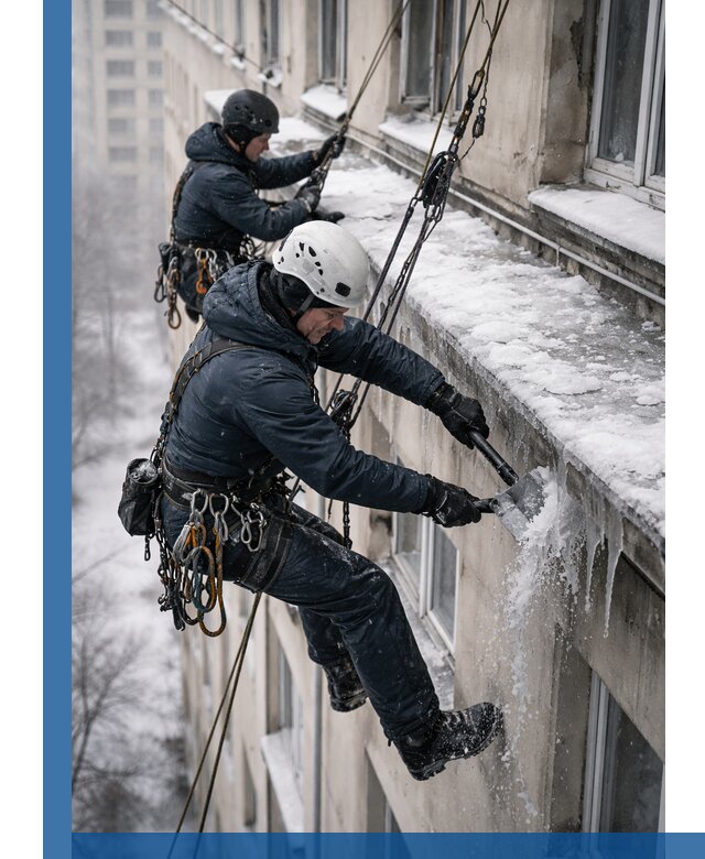 Удаление наледи и сосулек с карнизов в Краснокамске профессионально