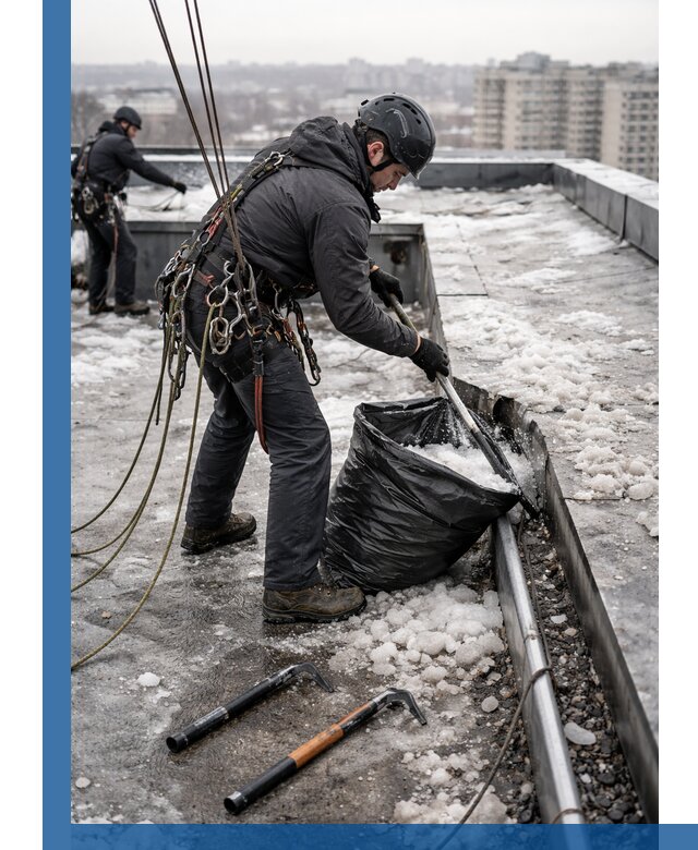 Аварийная очистка кровли в Краснокамске от промальпинистов