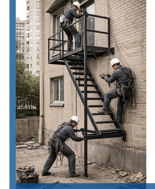 Монтаж пожарной лестницы в Краснокамске, установка и крепление