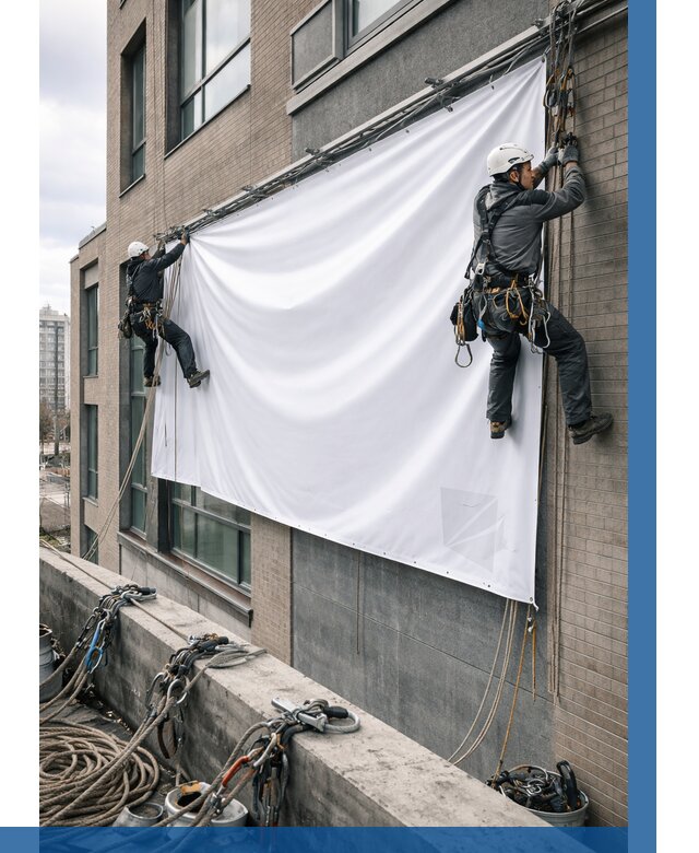 Монтаж баннеров на фасаде в Краснокамске от 659 р. заказать ВЫСОТНИК-Кнм