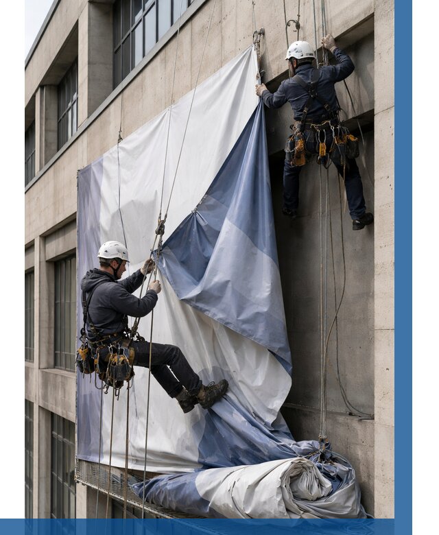 Демонтаж баннеров с фасада в Краснокамске от 4562 р. | ВЫСОТНИК-Кнм