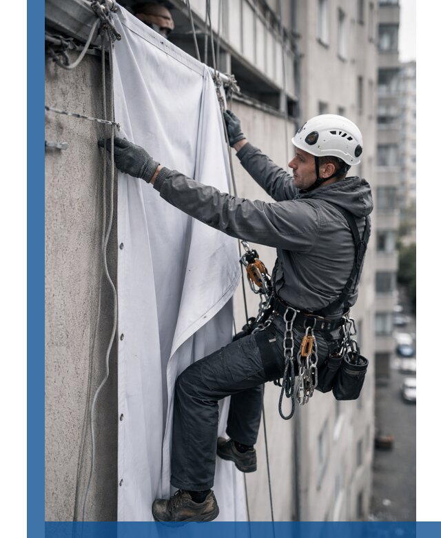 Замена баннерного полотна промышленными альпинистами в Краснокамске