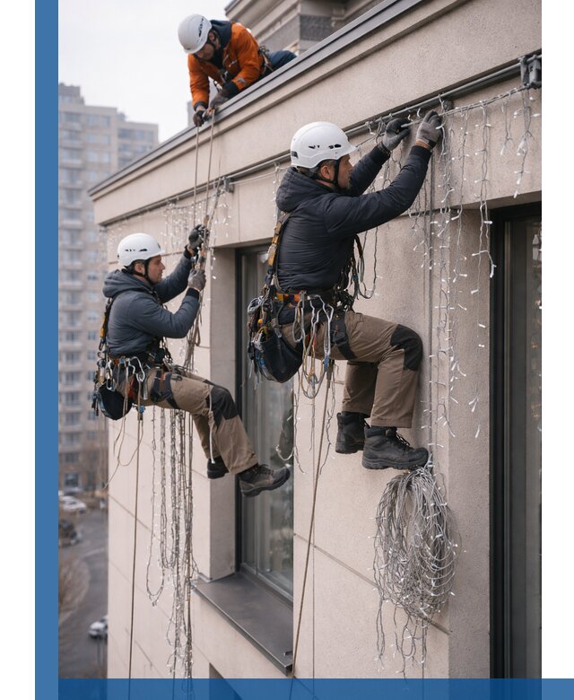 Монтаж праздничных гирлянд на фасаде в Краснокамске для зданий