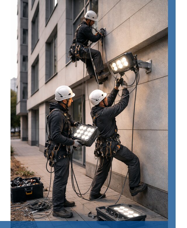 Монтаж прожекторов на фасаде в Краснокамске от 7603 р. | ВЫСОТНИК-Кнм