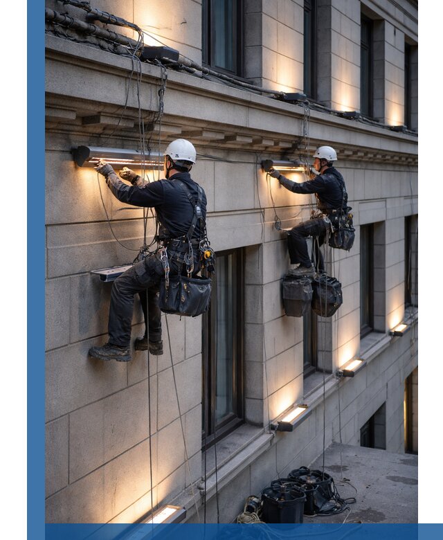 Монтаж архитектурной подсветки фасадов зданий в Краснокамске