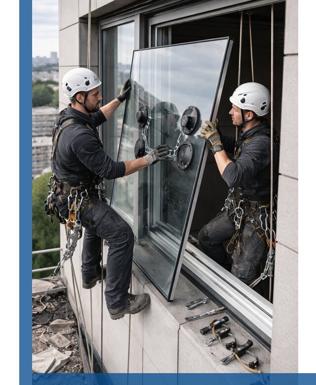 Замена стеклопакетов на высоте с промышленными альпинистами в Краснокамске