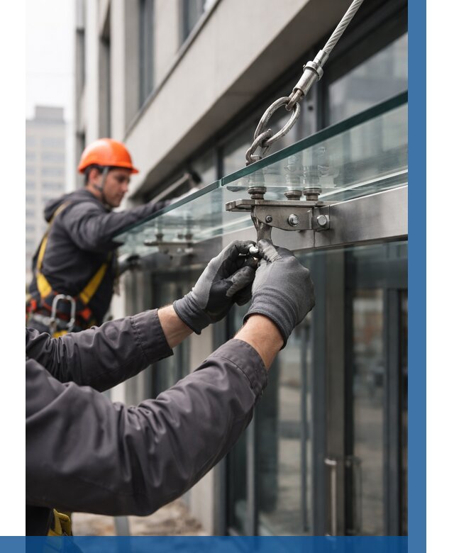 Монтаж стеклянных козырьков в Краснокамске от 8616 р. | ВЫСОТНИК-Кнм