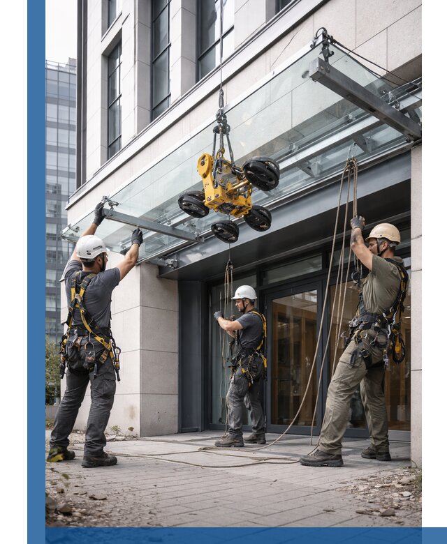 Монтаж стеклянных козырьков под ключ в Краснокамске для зданий