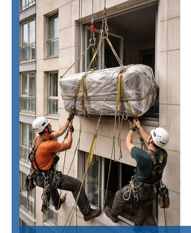 Подъем грузов через окно в Краснокамске промышленными альпинистами