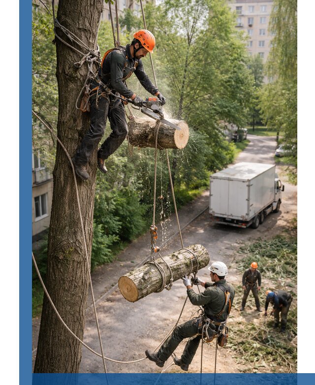 Спил деревьев альпинистами в Краснокамске, безопасно и без повреждений