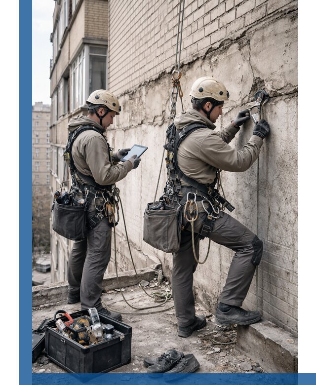 Обследование фасада промышленными альпинистами в Краснокамске